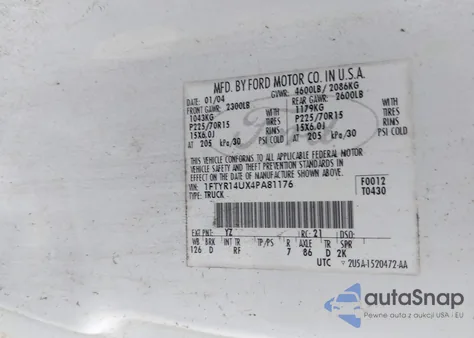 2004 Ford Ranger Edge/Tremor/Xl/Xlt from USA, damaged, VIN 1FTYR14UX4PA81176